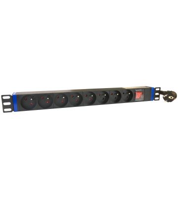 19 inch stekkerdoos, 8-voudig, met penaarde, 2m kabel, aluminium, zwart
