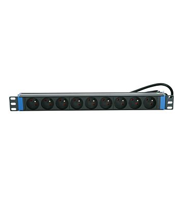 19 inch stekkerdoos, 9-voudig, met penaarde, 2m kabel, aluminium, zwart