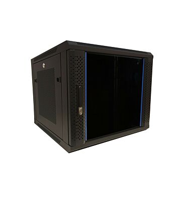 9U wandkast met glazen deur - geperforeerde zijpanelen 600x600x500mm (BxDxH)