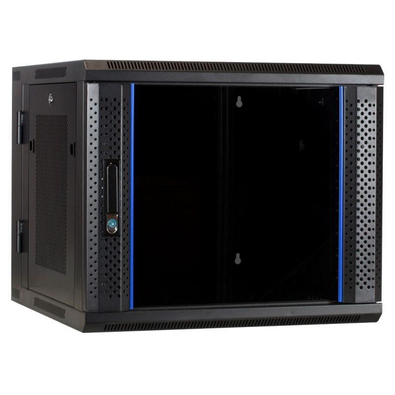 9U wandkast (kantelbaar) met glazen deur en geperforeerde zijwanden 600x600x500mm (BxDxH)